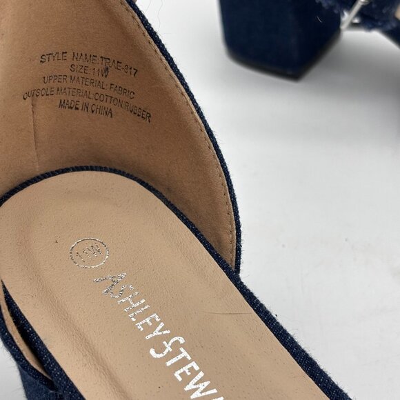 Ashley Stewart Blue Denim Fringe Block Heel Open Toe Sandals Buckle Strap Y2K 11 - Picture 4 of 6